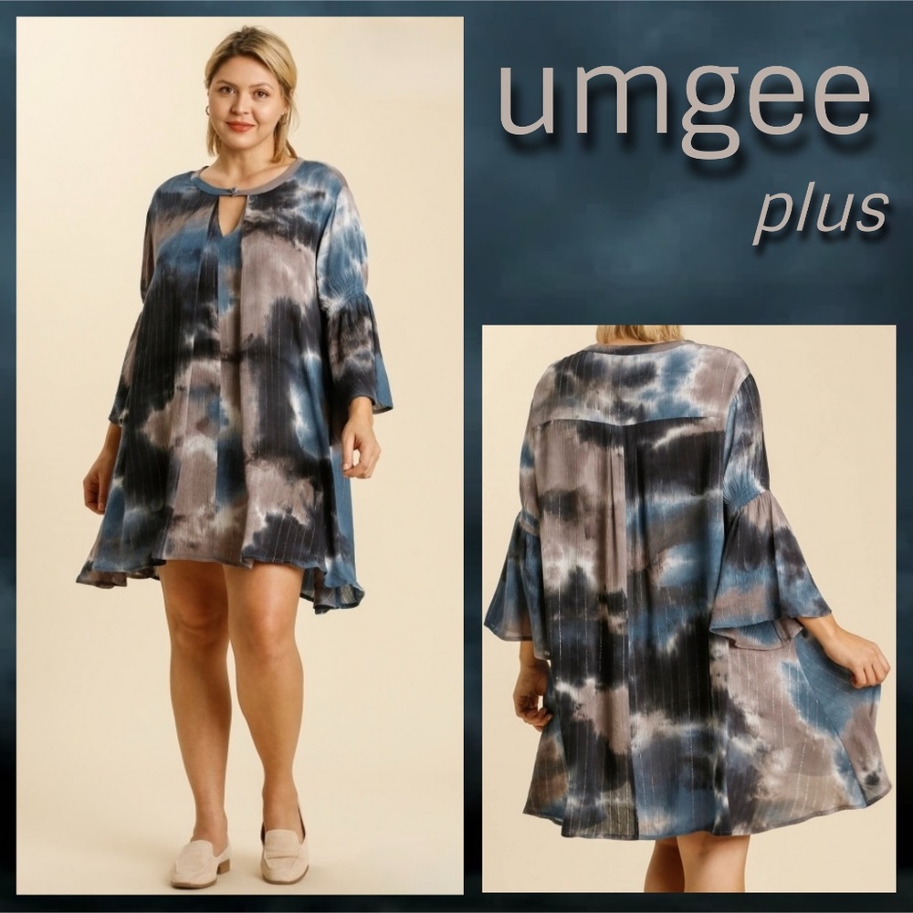 UMGEE Plus Size Tie Dye & Metallic Textured Bell Sleeved Flowy Babydoll Dress